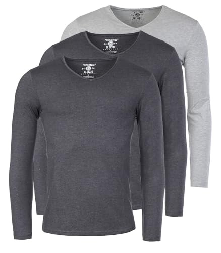 Young & Rich Herren Uni Longsleeve Basic Langarm T-Shirt V-Ausschnitt Slimfit mit Stretchanteilen (3er Pack), Grösse:L, Farbe:2X Dunkelgrau Melange / 1x Grau Melange (3er Pack) von Young & Rich