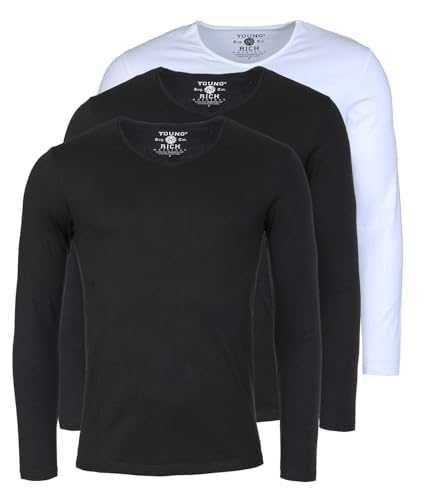 Young & Rich Herren Uni Longsleeve Basic Langarm T-Shirt V-Ausschnitt Slimfit mit Stretchanteilen (3er Pack), Grösse:L, Farbe:2X Schwarz / 1x Weiß (3er Pack) von Young & Rich