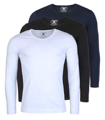 Young & Rich Herren Uni Longsleeve Basic Langarm T-Shirt V-Ausschnitt Slimfit mit Stretchanteilen (3er Pack), Grösse:L, Farbe:Weiß/Schwarz/Dunkelblau (3er Pack) von Young & Rich