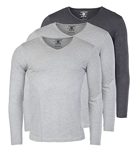 Young & Rich Herren Uni Longsleeve Basic Langarm T-Shirt V-Ausschnitt Slimfit mit Stretchanteilen (3er Pack), Grösse:M, Farbe:2X Grau Melange / 1x Dunkelgrau Melange (3er Pack) von Young&Rich