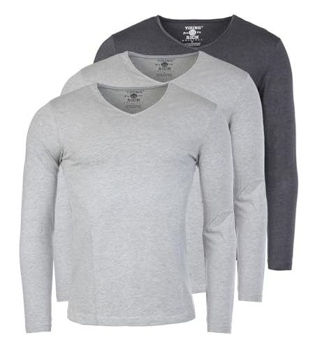 Young & Rich Herren Uni Longsleeve Basic Langarm T-Shirt V-Ausschnitt Slimfit mit Stretchanteilen (3er Pack), Grösse:M, Farbe:2X Grau Melange / 1x Dunkelgrau Melange (3er Pack) von Young & Rich