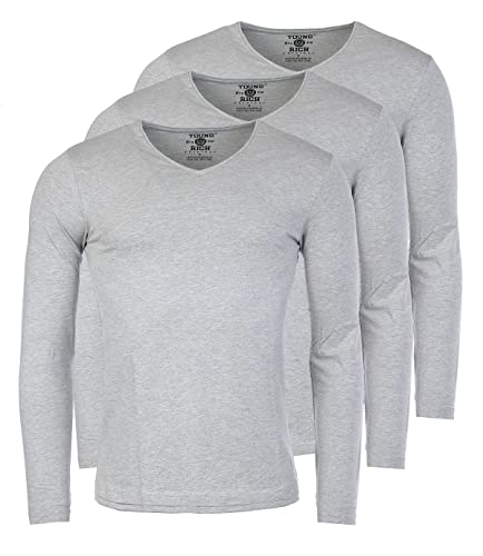 Young & Rich Herren Uni Longsleeve Basic Langarm T-Shirt V-Ausschnitt Slimfit mit Stretchanteilen (3er Pack), Grösse:M, Farbe:Grau Melange (3er Pack) von Young&Rich