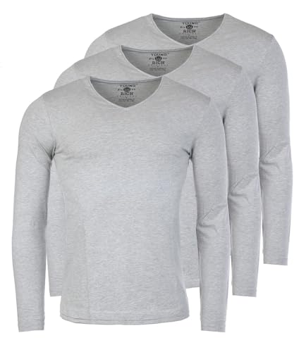 Young & Rich Herren Uni Longsleeve Basic Langarm T-Shirt V-Ausschnitt Slimfit mit Stretchanteilen (3er Pack), Grösse:M, Farbe:Grau Melange (3er Pack) von Young & Rich