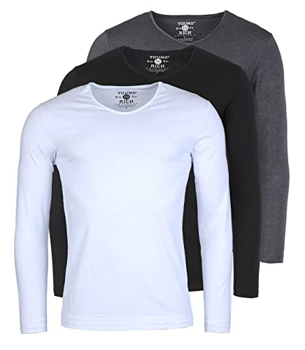 Young & Rich Herren Uni Longsleeve Basic Langarm T-Shirt V-Ausschnitt Slimfit mit Stretchanteilen (3er Pack), Grösse:M, Farbe:Weiß/Schwarz/Dunkelgrau Melange (3er Pack) von Young&Rich