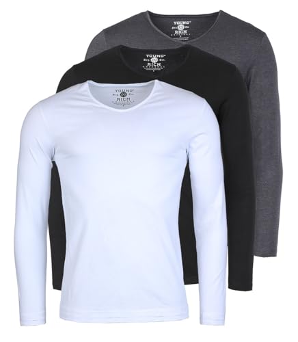 Young & Rich Herren Uni Longsleeve Basic Langarm T-Shirt V-Ausschnitt Slimfit mit Stretchanteilen (3er Pack), Grösse:M, Farbe:Weiß/Schwarz/Dunkelgrau Melange (3er Pack) von Young & Rich