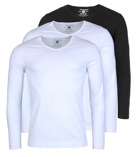 Young & Rich Herren Uni Longsleeve Basic Langarm T-Shirt V-Ausschnitt Slimfit mit Stretchanteilen (3er Pack), Grösse:S, Farbe:2X Weiß / 1x Schwarz (3er Pack) von Young & Rich