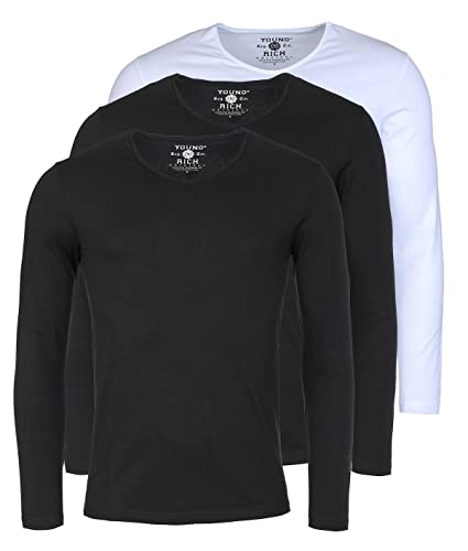 Young & Rich Herren Uni Longsleeve Basic Langarm T-Shirt V-Ausschnitt Slimfit mit Stretchanteilen (3er Pack), Grösse:XL, Farbe:2X Schwarz / 1x Weiß (3er Pack) von Young&Rich