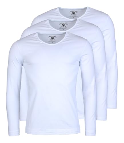 Young & Rich Herren Uni Longsleeve Basic Langarm T-Shirt V-Ausschnitt Slimfit mit Stretchanteilen (3er Pack), Grösse:XL, Farbe:Weiß (3er Pack) von Young & Rich