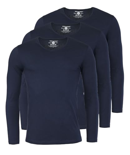 Young & Rich Herren Uni Longsleeve Basic Langarm T-Shirt V-Ausschnitt Slimfit mit Stretchanteilen (3er Pack), Grösse:XXL, Farbe:Dunkelblau (3er Pack) von Young & Rich