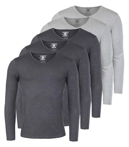 Young & Rich Herren Uni Longsleeve Basic Langarm T-Shirt V-Ausschnitt Slimfit mit Stretchanteilen (5er Pack), Grösse:L, Farbe:3X Dunkelgrau Melange / 2X Grau Melange (5er Pack) von Young & Rich