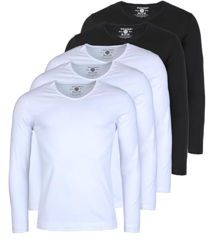 Young & Rich Herren Uni Longsleeve Basic Langarm T-Shirt V-Ausschnitt Slimfit mit Stretchanteilen (5er Pack), Grösse:L, Farbe:3X Weiß / 2X Schwarz (5er Pack) von Young & Rich