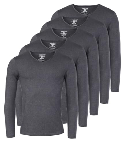 Young & Rich Herren Uni Longsleeve Basic Langarm T-Shirt V-Ausschnitt Slimfit mit Stretchanteilen (5er Pack), Grösse:L, Farbe:Dunkelgrau Melange (5er Pack) von Young & Rich