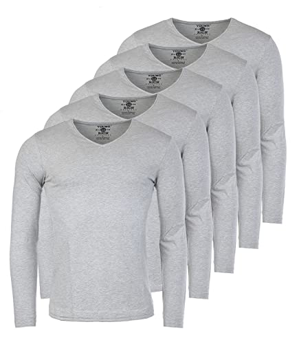 Young & Rich Herren Uni Longsleeve Basic Langarm T-Shirt V-Ausschnitt Slimfit mit Stretchanteilen (5er Pack), Grösse:L, Farbe:Grau Melange (5er Pack) von Young & Rich