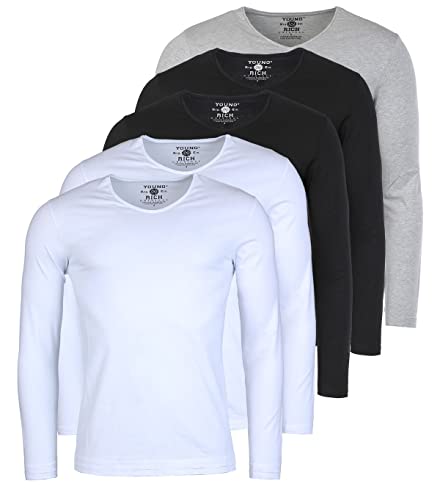 Young & Rich Herren Uni Longsleeve Basic Langarm T-Shirt V-Ausschnitt Slimfit mit Stretchanteilen (5er Pack), Grösse:M, Farbe:2X Weiß / 2X Schwarz / 1x Grau (5er Pack) von Young & Rich