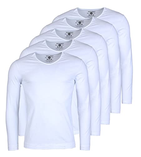 Young & Rich Herren Uni Longsleeve Basic Langarm T-Shirt V-Ausschnitt Slimfit mit Stretchanteilen (5er Pack), Grösse:M, Farbe:Weiß (5er Pack) von Young & Rich