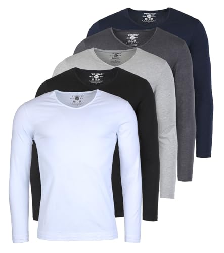 Young & Rich Herren Uni Longsleeve Basic Langarm T-Shirt V-Ausschnitt Slimfit mit Stretchanteilen (5er Pack), Grösse:XXL, Farbe:Weiß/Schwarz/Grau/Dunkelgrau/Dunkelblau (5er Pack) von Young & Rich