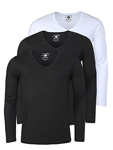 Young & Rich Herren Uni Longsleeve Basic Langarm T-Shirt mit tiefem V-Ausschnitt Slimfit mit Stretchanteilen (3er Pack), Grösse:3XL, Farbe:2X Schwarz / 1x Weiß (3er Pack) von Young & Rich