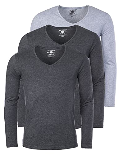 Young&Rich Herren Uni Longsleeve Basic Langarm T-Shirt mit tiefem V-Ausschnitt Slimfit mit Stretchanteilen (3er Pack), Grösse:L, Farbe:2X Dunkelgrau Melange / 1x Grau Melange (3er Pack) von Young & Rich