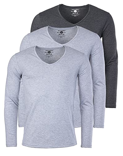 Young & Rich Herren Uni Longsleeve Basic Langarm T-Shirt mit tiefem V-Ausschnitt Slimfit mit Stretchanteilen (3er Pack), Grösse:L, Farbe:2X Grau Melange / 1x Dunkelgrau Melange (3er Pack) von Young & Rich