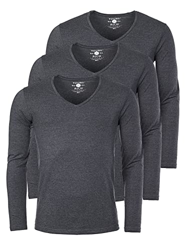 Young & Rich Herren Uni Longsleeve Basic Langarm T-Shirt mit tiefem V-Ausschnitt Slimfit mit Stretchanteilen (3er Pack), Grösse:L, Farbe:Dunkelgrau Melange (3er Pack) von Young & Rich