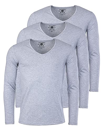 Young & Rich Herren Uni Longsleeve Basic Langarm T-Shirt mit tiefem V-Ausschnitt Slimfit mit Stretchanteilen (3er Pack), Grösse:L, Farbe:Grau Melange (3er Pack) von Young & Rich