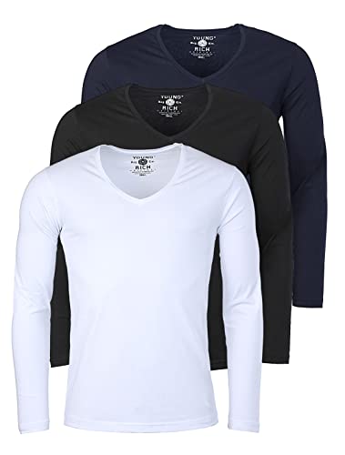 Young & Rich Herren Uni Longsleeve Basic Langarm T-Shirt mit tiefem V-Ausschnitt Slimfit mit Stretchanteilen (3er Pack), Grösse:M, Farbe:Weiß/Schwarz/Dunkelblau (3er Pack) von Young & Rich