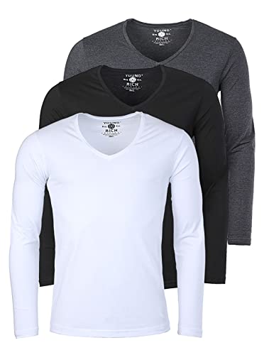 Young & Rich Herren Uni Longsleeve Basic Langarm T-Shirt mit tiefem V-Ausschnitt Slimfit mit Stretchanteilen (3er Pack), Grösse:M, Farbe:Weiß/Schwarz/Dunkelgrau Melange (3er Pack) von Young & Rich