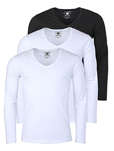 Young & Rich Herren Uni Longsleeve Basic Langarm T-Shirt mit tiefem V-Ausschnitt Slimfit mit Stretchanteilen (3er Pack), Grösse:XL, Farbe:2X Weiß / 1x Schwarz (3er Pack) von Young & Rich