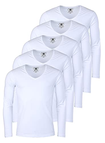Young & Rich Herren Uni Longsleeve Basic Langarm T-Shirt mit tiefem V-Ausschnitt Slimfit mit Stretchanteilen (5er Pack), Grösse:L, Farbe:Weiß (5er Pack) von Young & Rich