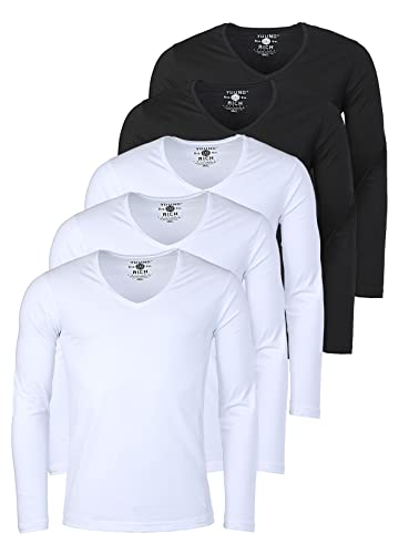 Young & Rich Herren Uni Longsleeve Basic Langarm T-Shirt mit tiefem V-Ausschnitt Slimfit mit Stretchanteilen (5er Pack), Grösse:M, Farbe:3X Weiß / 2X Schwarz (5er Pack) von Young & Rich