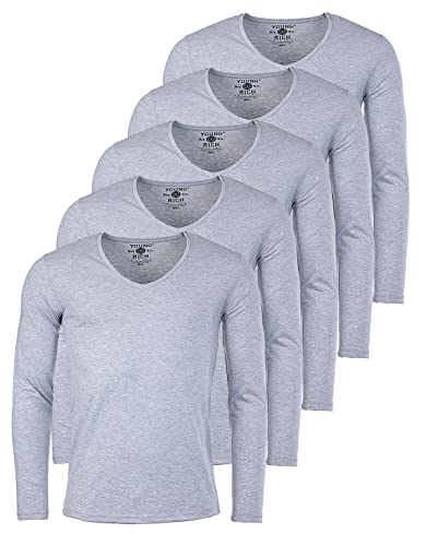 Young & Rich Herren Uni Longsleeve Basic Langarm T-Shirt mit tiefem V-Ausschnitt Slimfit mit Stretchanteilen (5er Pack), Grösse:M, Farbe:Grau Melange (5er Pack) von Young & Rich