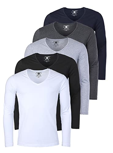 Young & Rich Herren Uni Longsleeve Basic langarm T-Shirt mit tiefem V-Ausschnitt slimfit mit Stretchanteilen (5er Pack), Grösse:M, Farbe:Weiß/Schwarz/Grau/Dunkelgrau/Dunkelblau (5er Pack) von Young & Rich