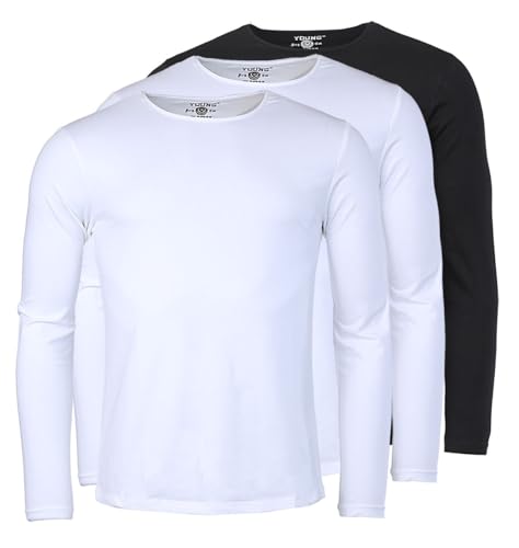Young & Rich Herren Uni Longsleeve Basic Langarm T-Shirt Rundhals-Ausschnitt Slimfit mit Stretchanteilen (3er/5er Pack), Grösse:S, Farbe:2X Weiß / 1x Schwarz (3er Pack) von Young & Rich