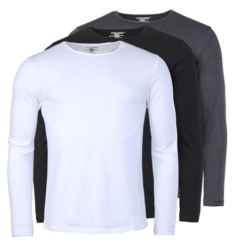 Young & Rich Herren Uni Longsleeve Basic Langarm T-Shirt Rundhals-Ausschnitt Slimfit mit Stretchanteilen (3er/5er Pack), Grösse:XXL, Farbe:Weiß/Schwarz/Dunkelgrau Melange (3er Pack) von Young & Rich