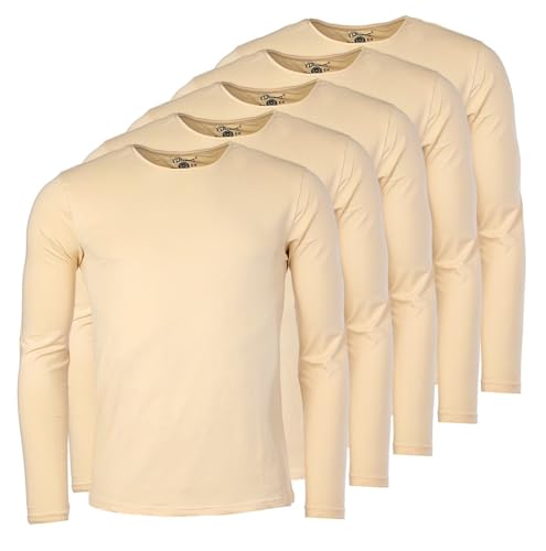 Young & Rich Herren Uni Longsleeve Basic Langarm T-Shirt Rundhals-Ausschnitt Slimfit mit Stretchanteilen (3er/5er Pack), Grösse:M, Farbe:Beige (5er Pack) von Young & Rich