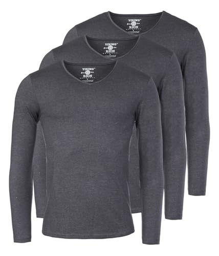 Young & Rich Herren Uni Longsleeve Basic Langarm T-Shirt V-Ausschnitt Slimfit mit Stretchanteilen (3er Pack), Grösse:M, Farbe:Dunkelgrau Melange (3er Pack) von Young & Rich