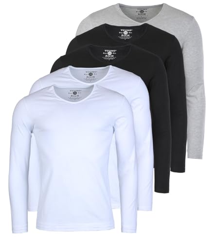 Young & Rich Herren Uni Longsleeve Basic Langarm T-Shirt V-Ausschnitt Slimfit mit Stretchanteilen (5er Pack), Grösse:S, Farbe:2X Weiß / 2X Schwarz / 1x Grau (5er Pack) von Young & Rich