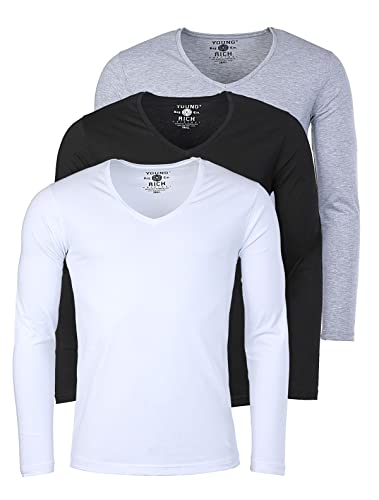 Young & Rich Herren Uni Longsleeve Basic langarm T-Shirt mit tiefem V-Ausschnitt slimfit mit Stretchanteilen (3er Pack), Grösse:S, Farbe:Weiß/Schwarz/Grau Melange (3er Pack) von Young & Rich