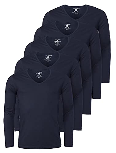 Young & Rich Herren Uni Longsleeve Basic langarm T-Shirt mit tiefem V-Ausschnitt slimfit mit Stretchanteilen (5er Pack), Grösse:L, Farbe:Dunkelblau (5er Pack) von Young & Rich