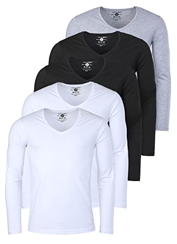 Young & Rich Herren Uni Longsleeve Basic langarm T-Shirt mit tiefem V-Ausschnitt slimfit mit Stretchanteilen (5er Pack), Grösse:M, Farbe:2X Weiß / 2X Schwarz / 1x Grau (5er Pack) von Young & Rich