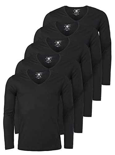 Young & Rich Herren Uni Longsleeve Basic langarm T-Shirt mit tiefem V-Ausschnitt slimfit mit Stretchanteilen (5er Pack), Grösse:S, Farbe:Schwarz (5er Pack) von Young & Rich
