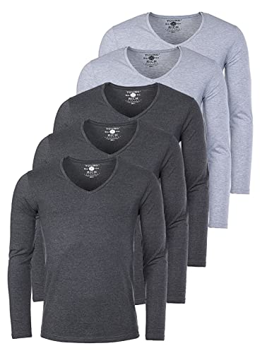 Young & Rich Herren Uni Longsleeve Basic langarm T-Shirt mit tiefem V-Ausschnitt slimfit mit Stretchanteilen (5er Pack), Grösse:XXL, Farbe:3X Dunkelgrau Melange / 2X Grau Melange (5er Pack) von Young & Rich