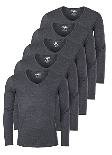 Young & Rich Herren Uni Longsleeve Basic langarm T-Shirt mit tiefem V-Ausschnitt slimfit mit Stretchanteilen (5er Pack), Grösse:XXL, Farbe:Dunkelgrau Melange (5er Pack) von Young & Rich