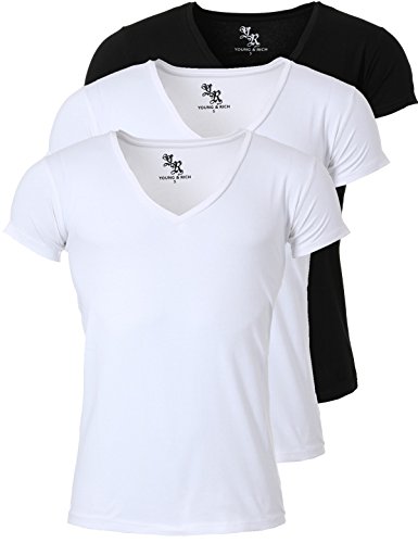 Young & Rich Herren Uni T-Shirt mit extra tiefem V-Ausschnitt Slimfit Stretch Dehnbare Passform einfarbiges Basic Shirt - 3er Pack, Grösse:M, Farbe:2 x Weiß / 1 x Schwarz von Young&Rich