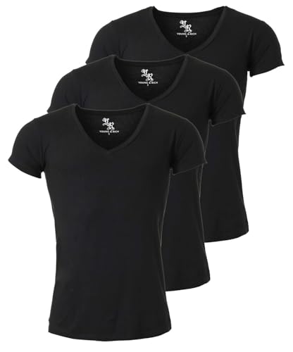 Young & Rich Herren Uni T-Shirt mit extra tiefem V-Ausschnitt Slimfit Stretch Dehnbare Passform einfarbiges Basic Shirt - 3er Pack, Grösse:M, Farbe:Schwarz von Young & Rich
