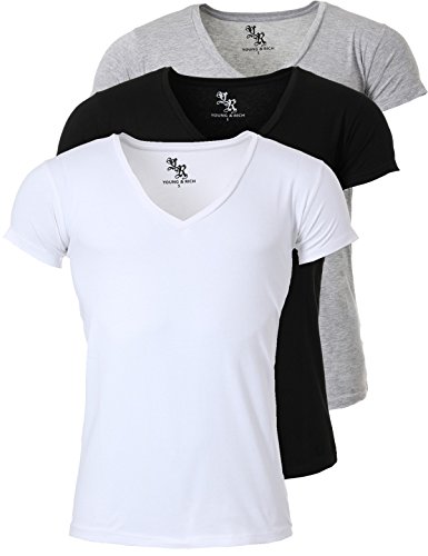 Young & Rich Herren Uni T-Shirt mit extra tiefem V-Ausschnitt Slimfit Stretch Dehnbare Passform einfarbiges Basic Shirt - 3er Pack, Grösse:M, Farbe:Weiß/Schwarz/Grau von Young&Rich