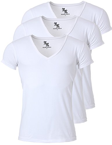 Young & Rich Herren Uni T-Shirt mit extra tiefem V-Ausschnitt Slimfit Stretch Dehnbare Passform einfarbiges Basic Shirt - 3er Pack, Grösse:XL, Farbe:Weiß von Young&Rich