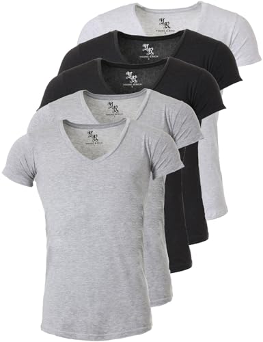 Young & Rich Herren Uni T-Shirt mit extra tiefem V-Ausschnitt Slimfit Stretch Dehnbare Passform einfarbiges Basic Shirt - 5er Pack, Grösse:3XL, Farbe:2 x Grau / 2 x Dunkelgrau / 1 x Hellgrau von Young&Rich