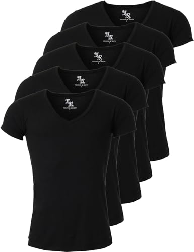 Young & Rich Herren Uni T-Shirt mit extra tiefem V-Ausschnitt Slimfit Stretch Dehnbare Passform einfarbiges Basic Shirt - 5er Pack, Grösse:L, Farbe:Schwarz von Young&Rich