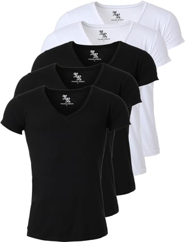 Young & Rich Herren Uni T-Shirt mit extra tiefem V-Ausschnitt Slimfit Stretch Dehnbare Passform einfarbiges Basic Shirt - 5er Pack, Grösse:M, Farbe:3 x Schwarz / 2 x Weiß von Young&Rich